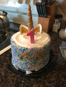 The unicorn cake for her actual birthday! Inside was layers colored like a rainbow; and I added the unicorn accessories